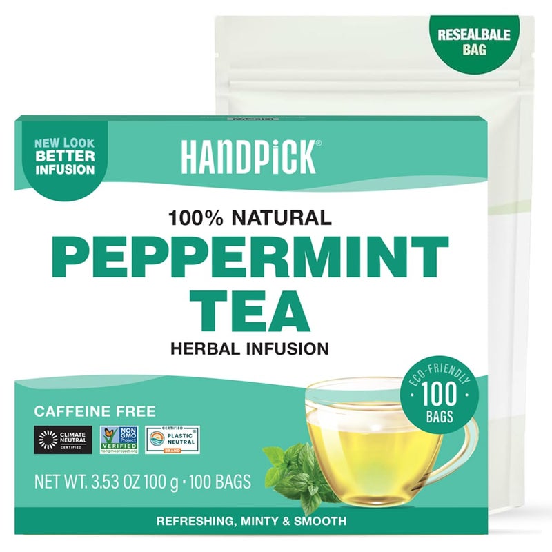 HANDPICK, Peppermint Tea, Eco-Conscious Tea Bags - 100 Count | Caffeine Free, Non-GMO | Minty, Fresh & Cool flavor | Direct From Source - Image 1
